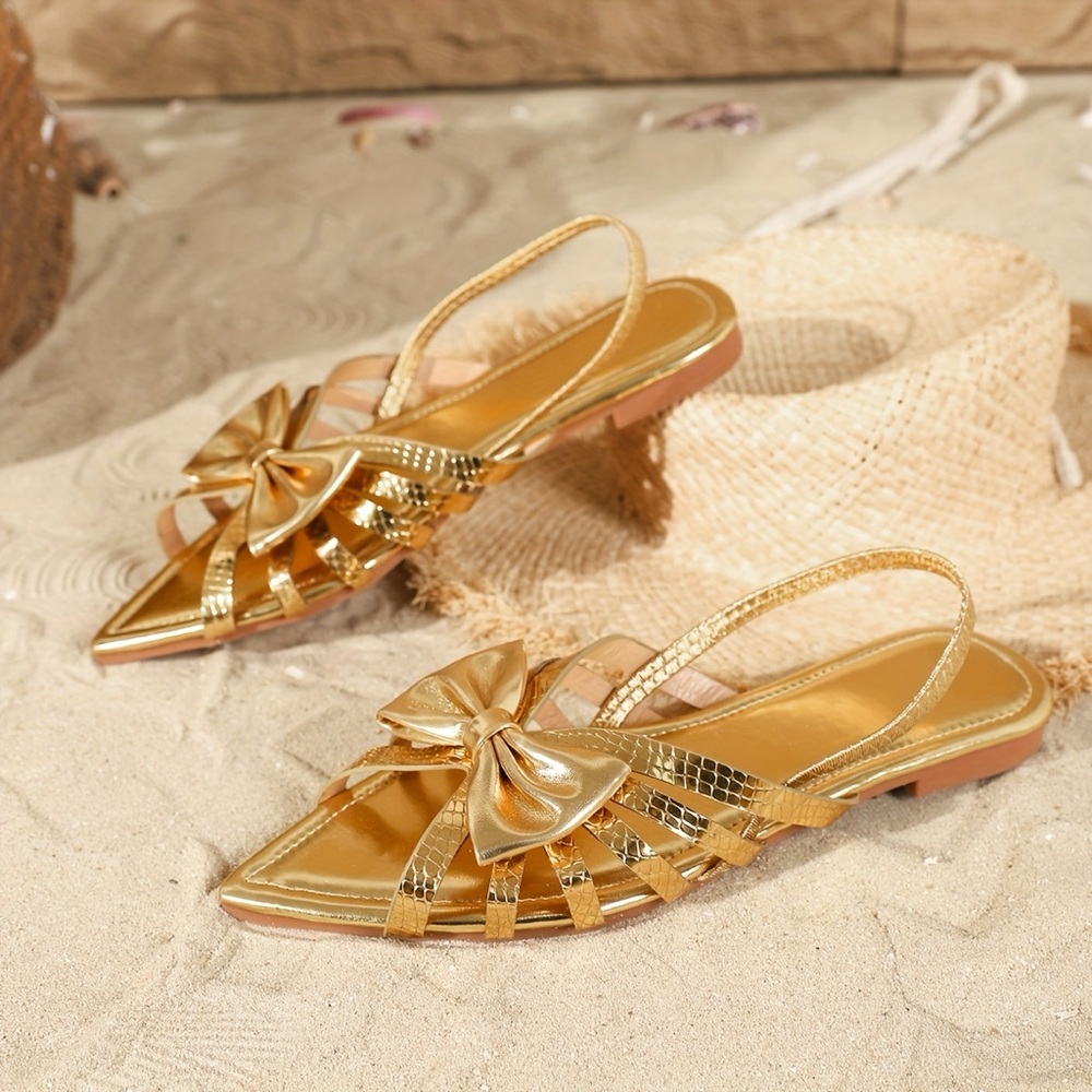 BEAUDRM Metallic Bow Point Toe Slingback Sandals